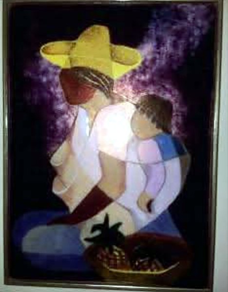 Esmalte: madre con sombrero amarillo y niño sobre fondo oscuro